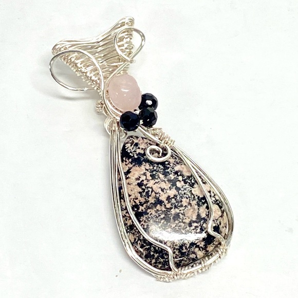 HANDMADE Firework Obsidian, Rose Quartz and Faceted Crystal Hand Wrapped Pendant - Picture 6 of 10